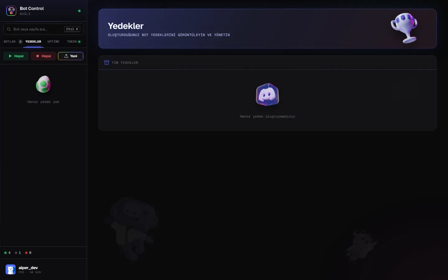 Bot yedekleri ekranı