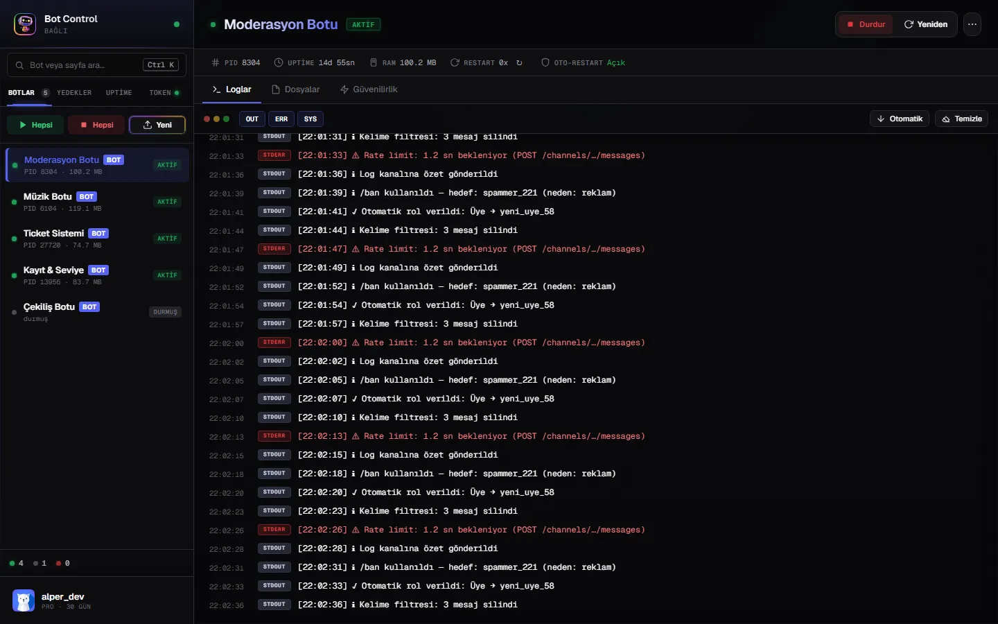 Bir Discord botunun canlı log ekranı