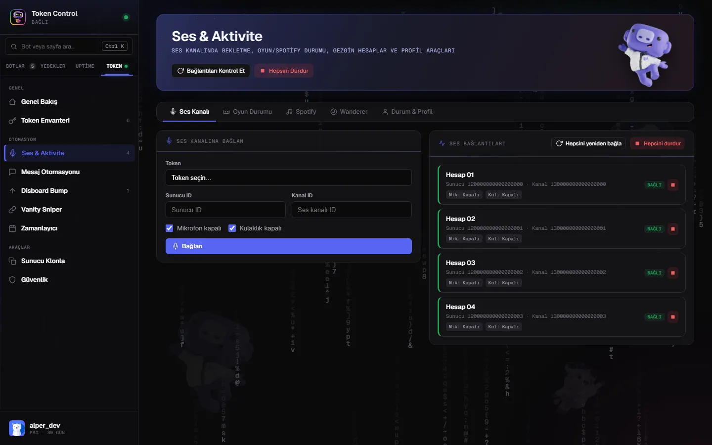Token araçları: ses ve aktivite yönetimi