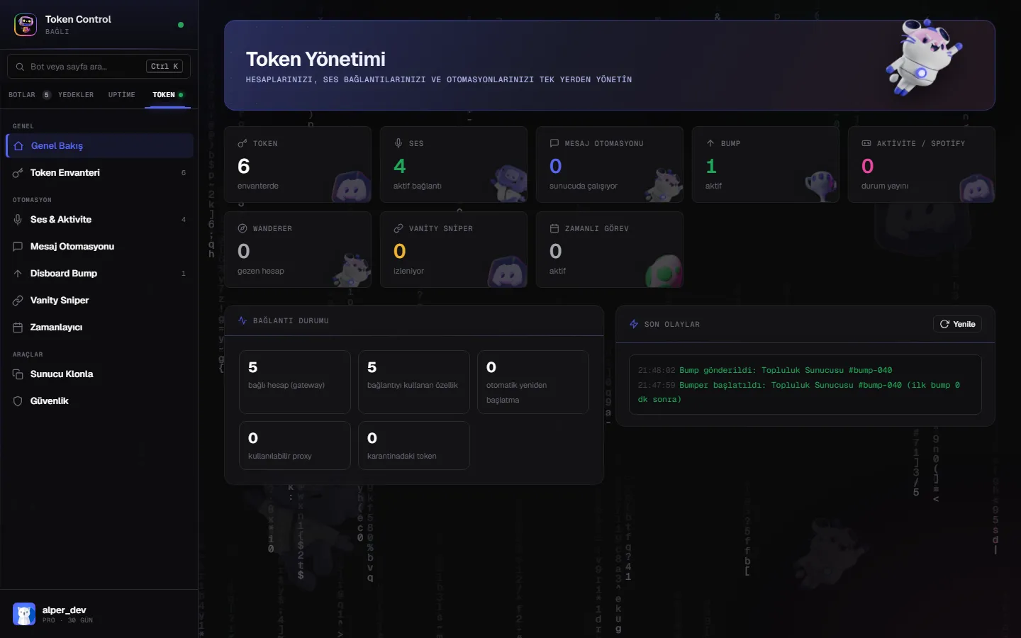 Token yönetim paneli genel bakış ekranı